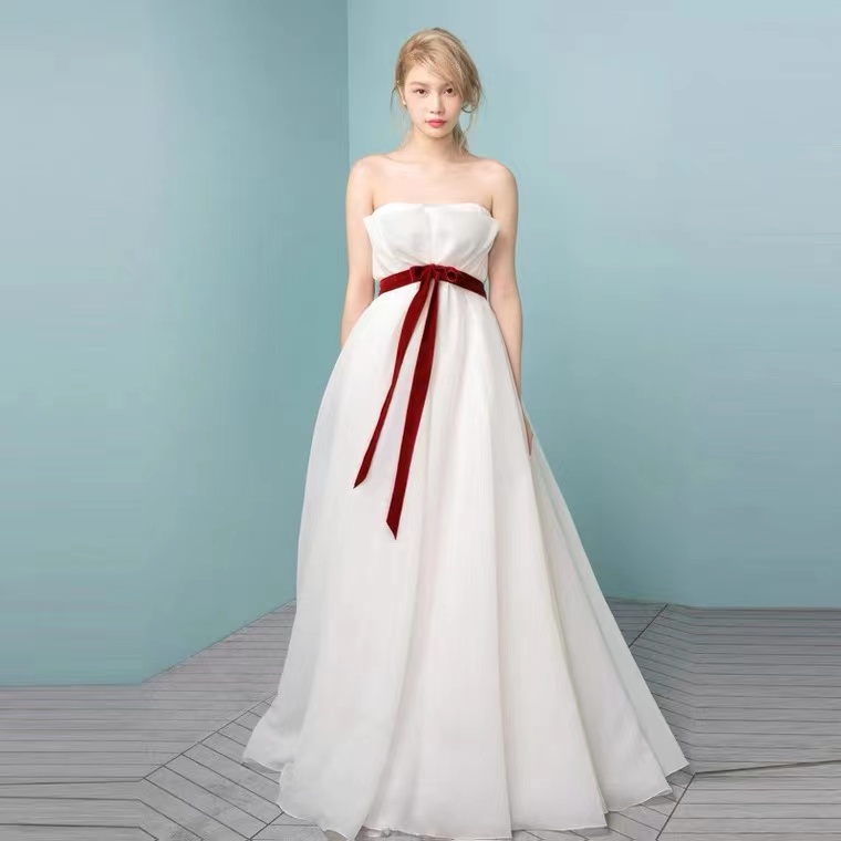 Light Wedding Dress, High Waist Wedding Dress, Sweet Bridal Bow Tie Dress,handmade
