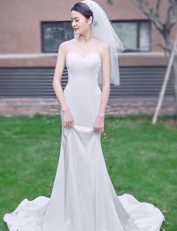 Strapless Wedding Dress,simple Satin Wedding Dress, White Mermaid Gown, Handmade