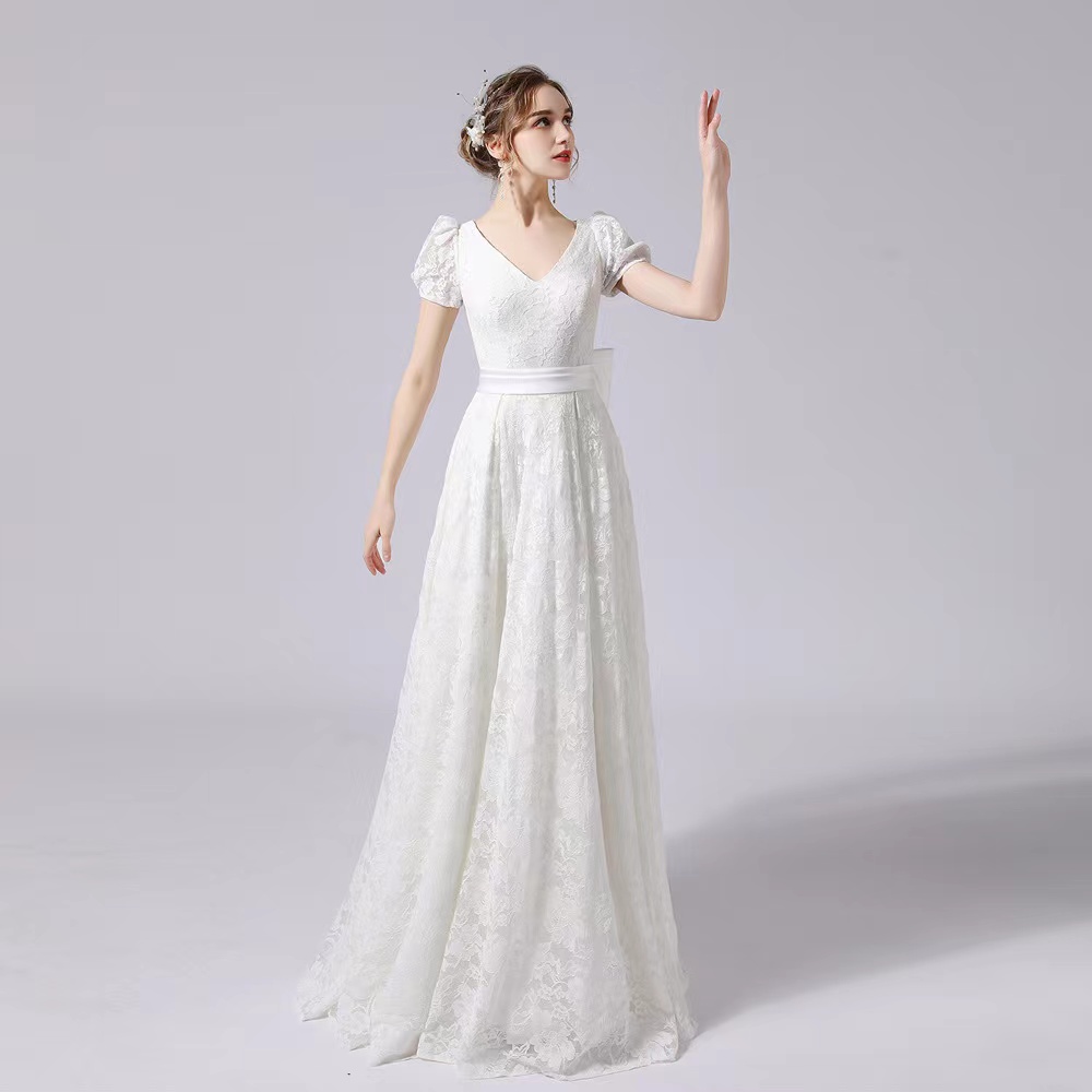 Puff Sleeve Lace Wedding Gown, White Bow Wedding Dress,handmade