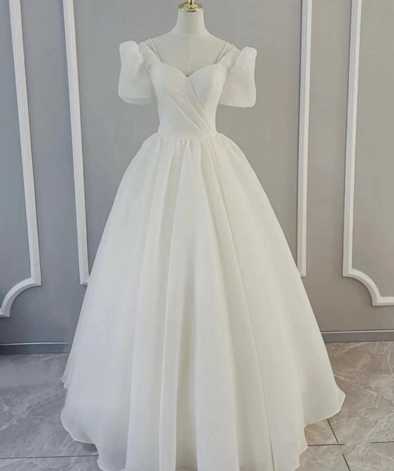 White Bridal Dress, Temperament Simple Princess Dress ,bubble Sleeve Fairy Wedding Dress ,handmade