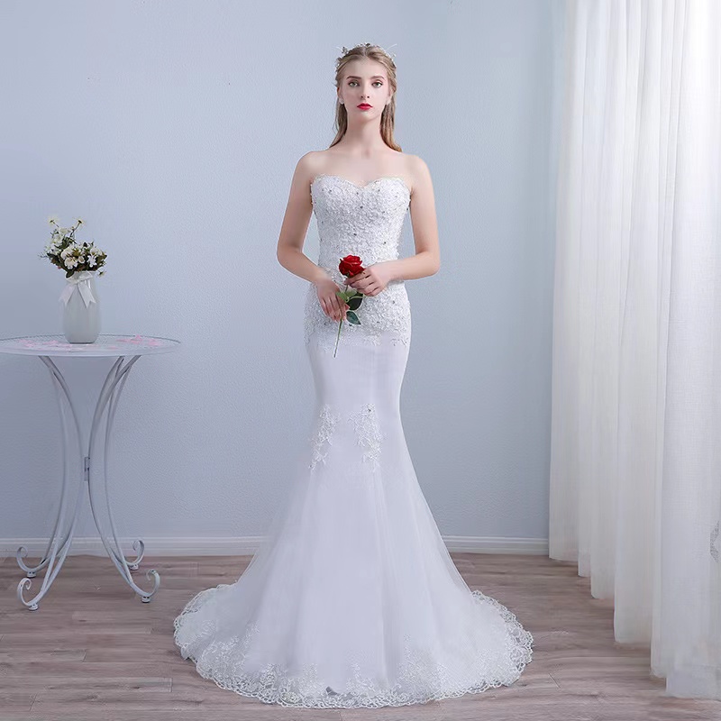 Strapless Bridal Dress,white Wedding Dress,lace Mermaid Wedding Dress,handmade