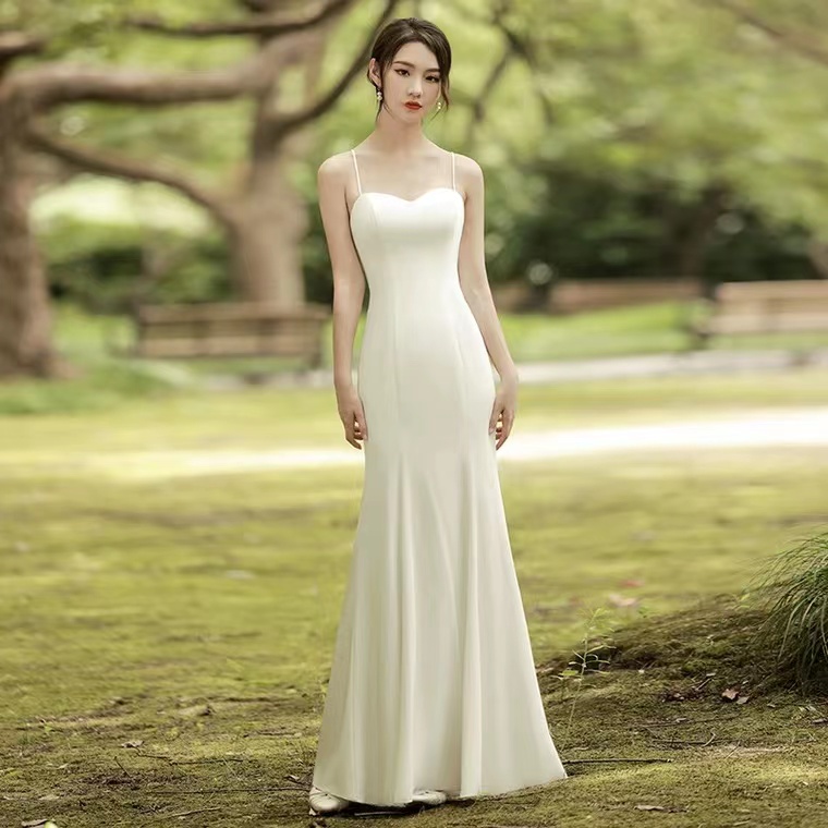White Wedding Dress, Spaghetti Strap Wedding Dress, Satin Mermaid Dress,handmade