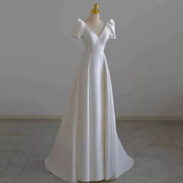 Satin Light Wedding Dress, Style, White, Simple Evening Dress, Temperament, Bridal Dress ,handmade