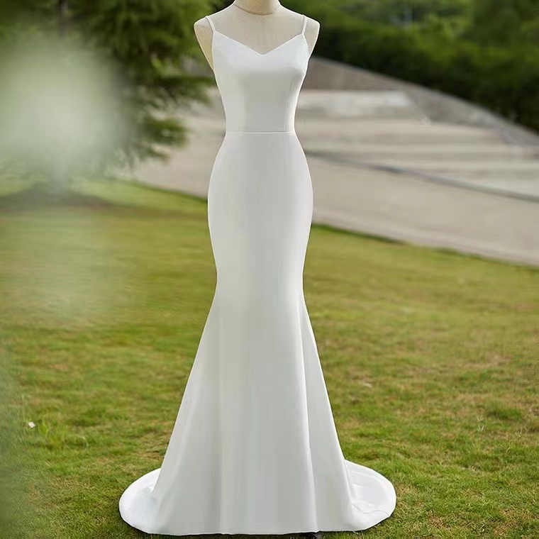 White Dress Light Wedding Dress, Halter Mermaid Backless Wedding Dress, Simple Bridal Dress ,handmade