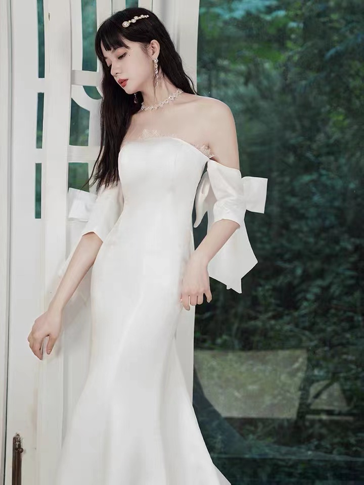 chinese dress ladies New V Back Sweep Train Bridal Gown Korean Crepe Mermaid Wedding Dress Ivory / 18w