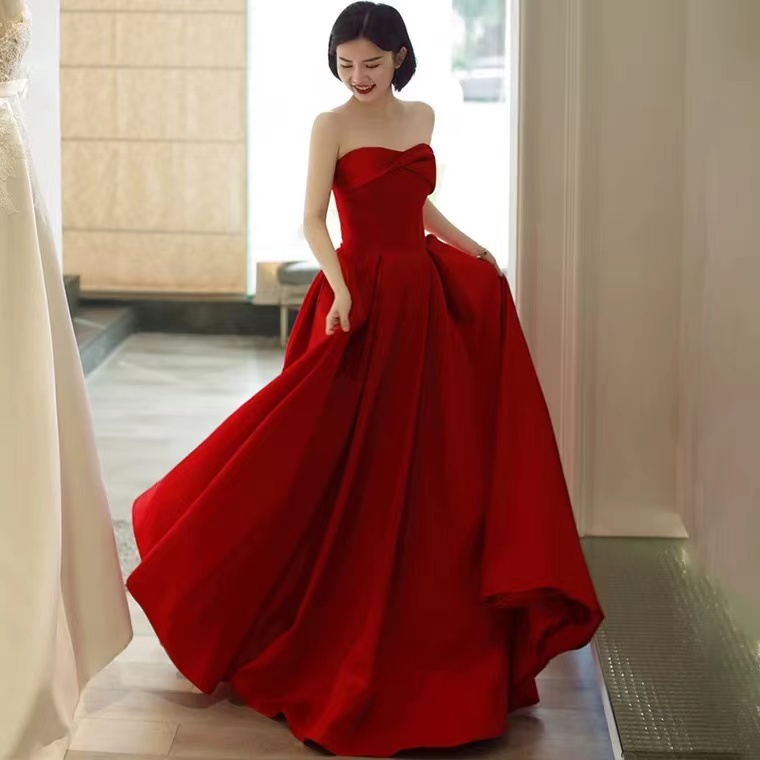 Red Wedding Dress , Strapless Prom Gown, Bridal Satin Evening Dress ,handmade