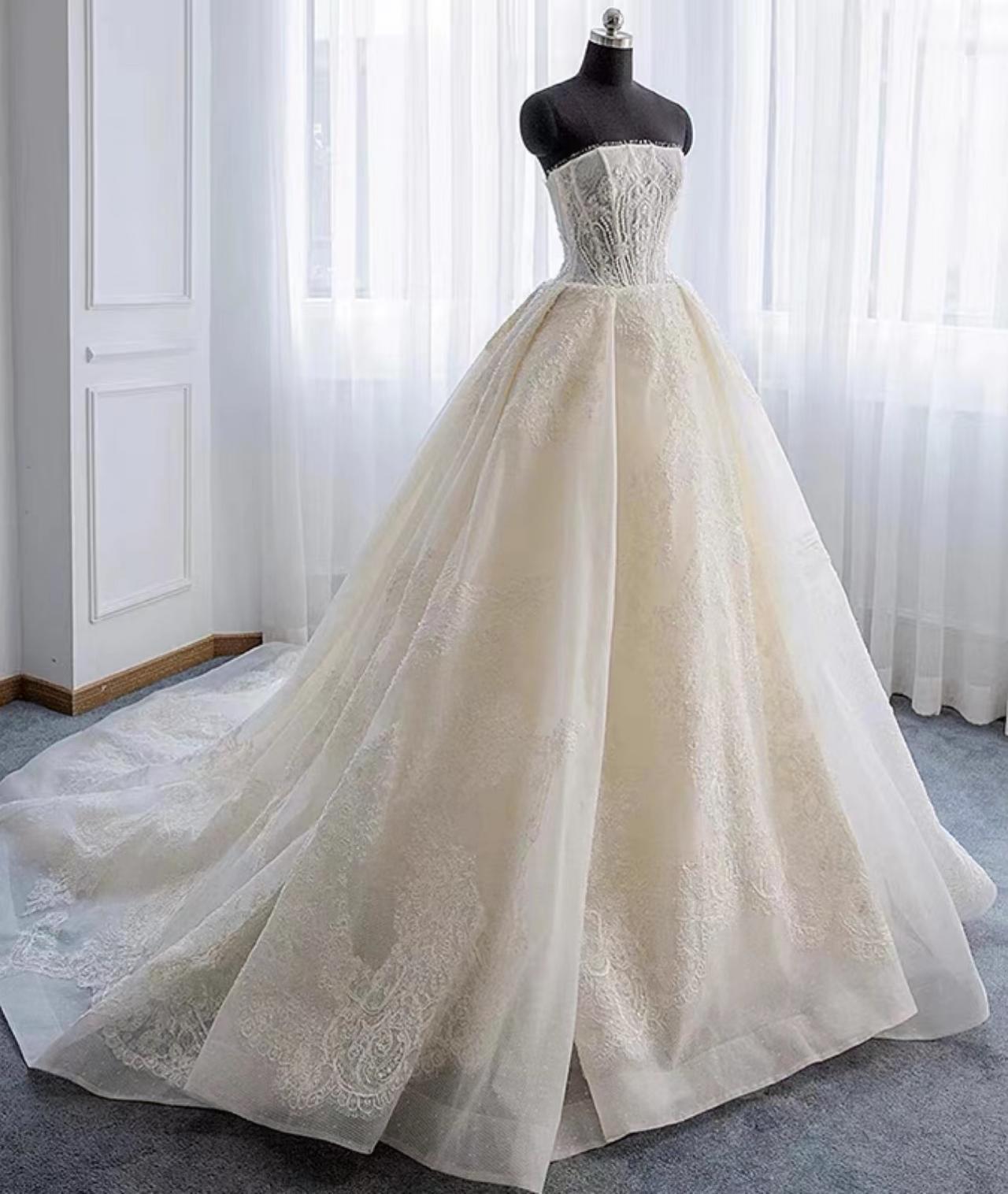 Strapless Wedding Dress , Lace Bridal Dress, Bridal Tulle Evening Dress ,handmade