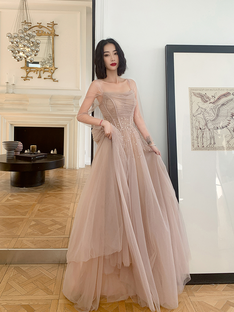 Light Champagne Tulle Sequins Long Formal Dress, Tulle A-line Floor Length Evening Dress Prom Dress,handmade