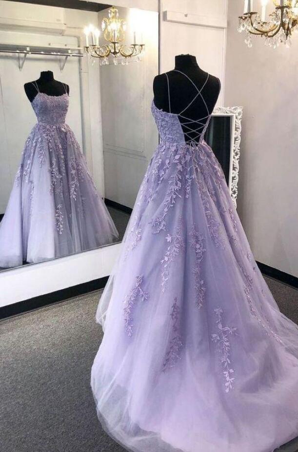 Lavender Backless Tulle Lace Long Prom Dresses, Open Back Purple Tulle Lace Formal Evening Party Dresses,handmade