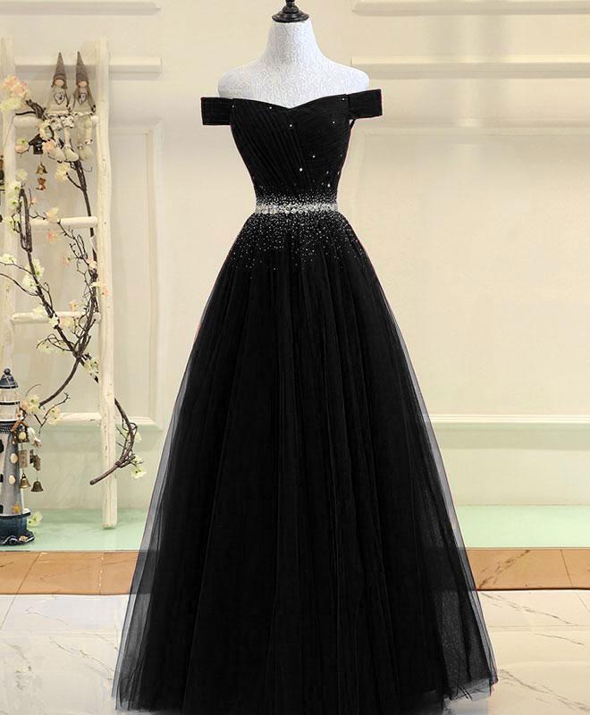 Black Evening Dress, Tulle Beaded Long Prom Dress, Off Shoulder Formal Dress,  Black Party Gown,h on Luulla