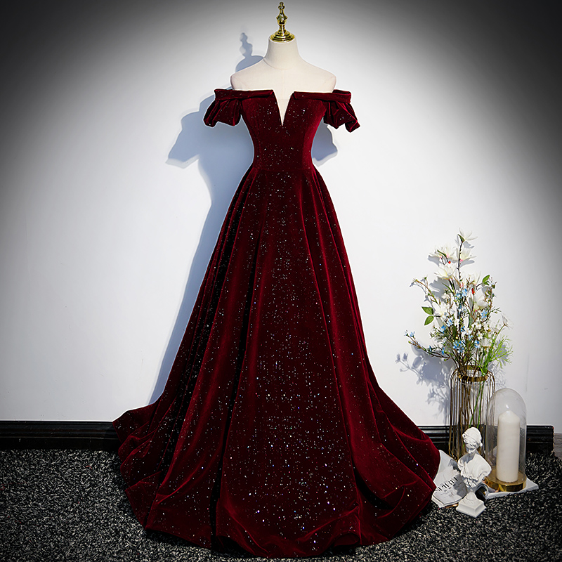 Burgundy Prom Dress,Velvet Off Shoulder Wedding Guest Dress,Sweetheart Long Party Dress, Glitter Evening Dress,Handmade