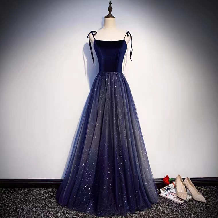 Navy Blue Party Dress,mvelvet And Tulle Straps Prom Dress , Charming Formal Gown,handmade