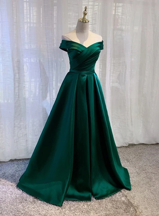 Beautiful Green Satin Evening Dress,off Shoulder Long Party Dress, A-line Floor Length Prom Dress,handmade