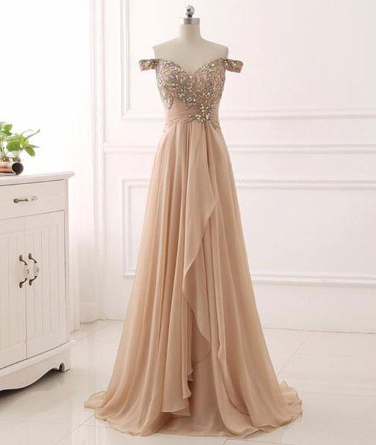 Elegant Champagne Beaded Bridesmaid Dress, Sweetheart A-line Chiffon Prom Dress,off Shoulder Long Prom Dress ,handmade