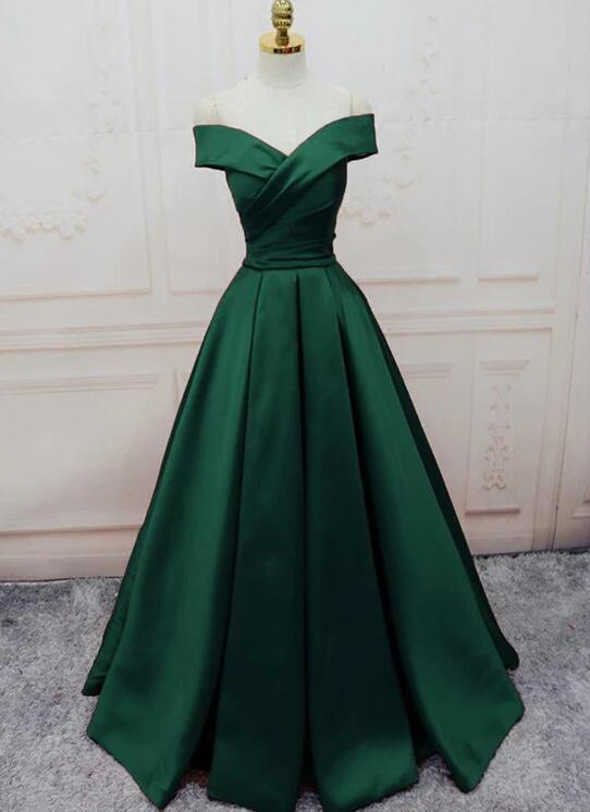 Charming Dark Green Wedding Guest Dress,satin Off Shoulder Long Formal Gown, Simple Prom Dress,handmade