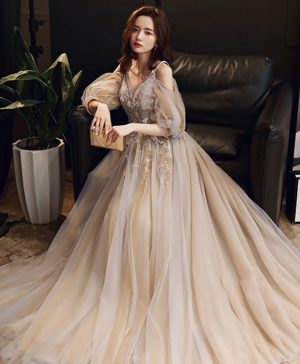 Puffy Sleeves Champagne Evening Dress,Floor Length Evening Dress, Long Flowers Prom Dress,Handmade