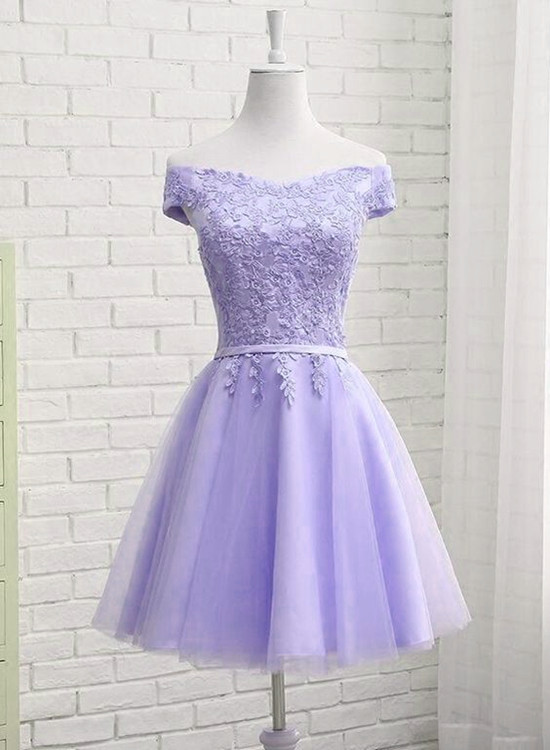 Light Purple Tulle Graduation Dress,short Homecoming Dress , Cute Birthday Dress, Off Shoulder Party Dress,handmade
