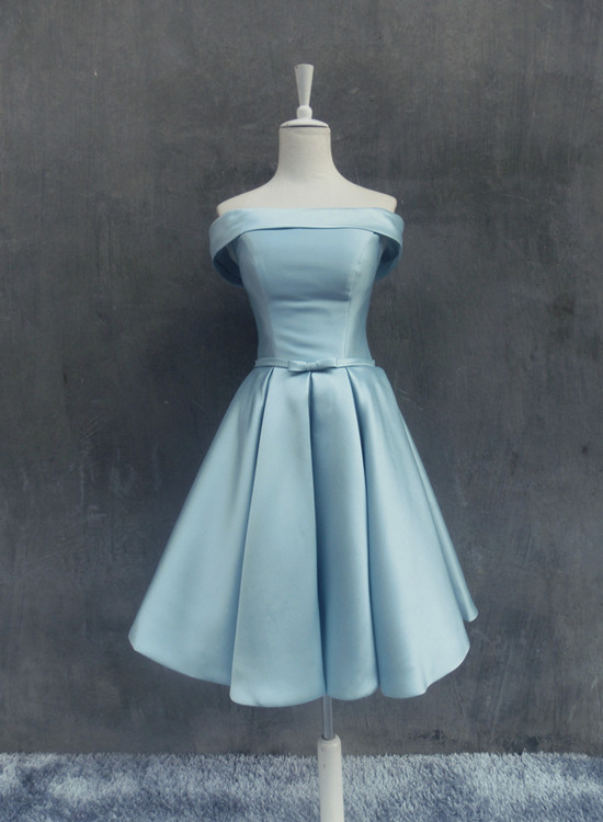 Light Blue Satin Knee Length Homecoming Dress, Cute Formal Dress, Blue Party Dress,handmade