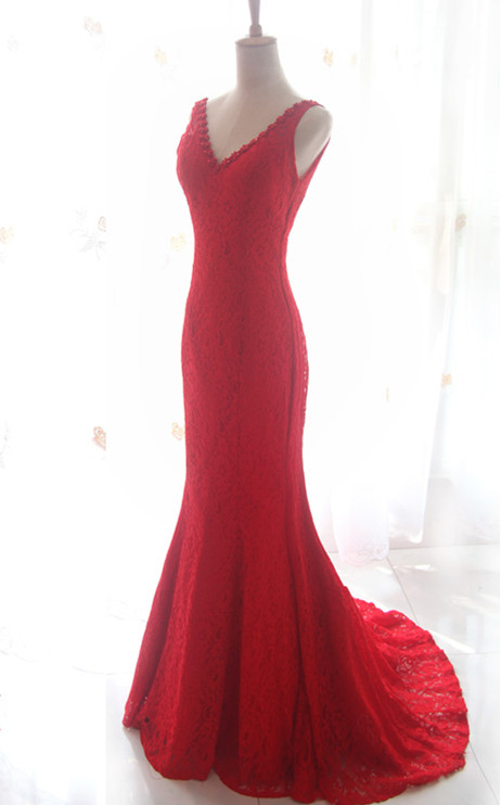 V-neck Lace Red Evening Dresses Sweep Train, Prom Gowns, Red Prom Gowns, Formal Gowns,handmade