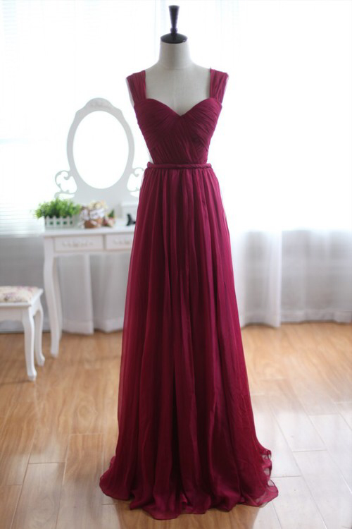 Elegant Sweetheart Backless Burgundy Floor Length Chiffon Bridesmaid Dress, Burgundy Prom Dress , Simple Formal Dresses,handmade