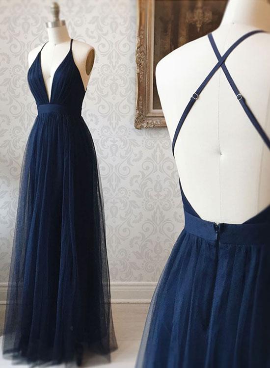Simple V Neck Tulle Long Prom Dress, Dark Blue Evening Dress,backless Bridesmaid Dress,handmade