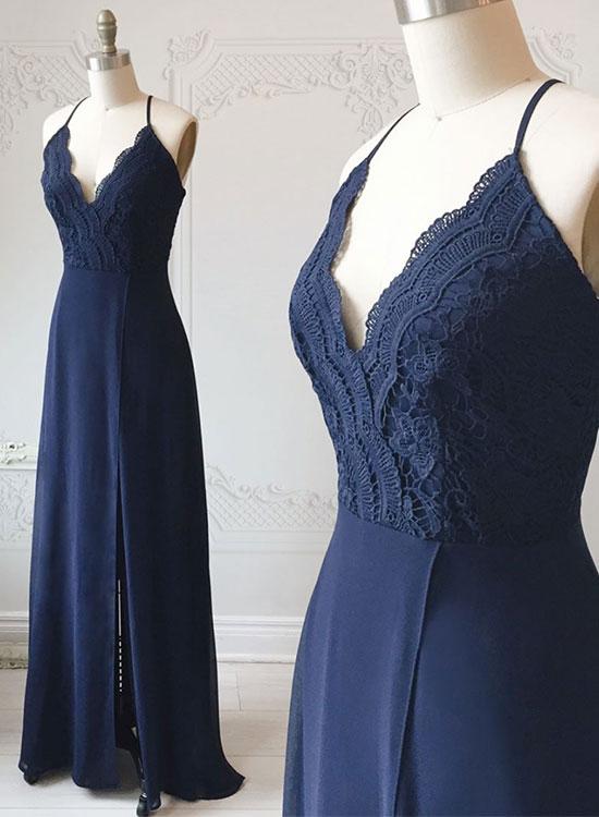 Navy Blue Bridesmaid Dress,v Neck Chiffon Lace Long Prom Dress, Sexy Slit Evening Dress,handmade