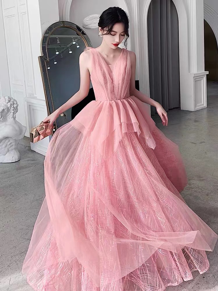 Pink Prom Dress, Temperament Long Evening Dress, Sweet Birthday Party Dress,handmade
