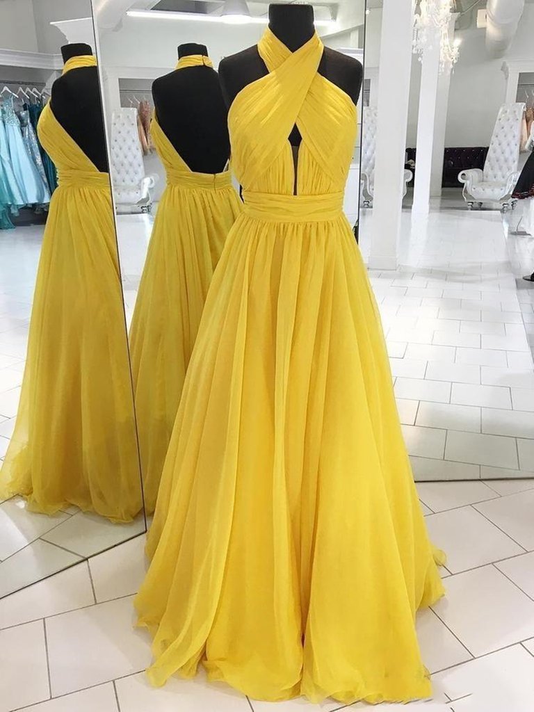 Backless Yellow Chiffon Long Prom Dresses, Open Back Yellow Formal Bridesmaid Dresses,handmade