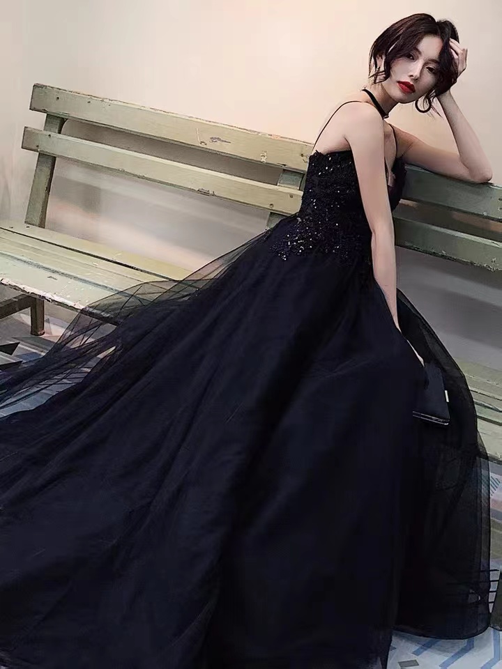 Spaghetti Strap Prom Dress, Black Dress,sexy Evening Dress,,handmade