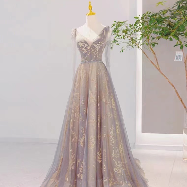 Gray Prom Dress,v-neck Party Dress,fairy Evening Dress,handmade