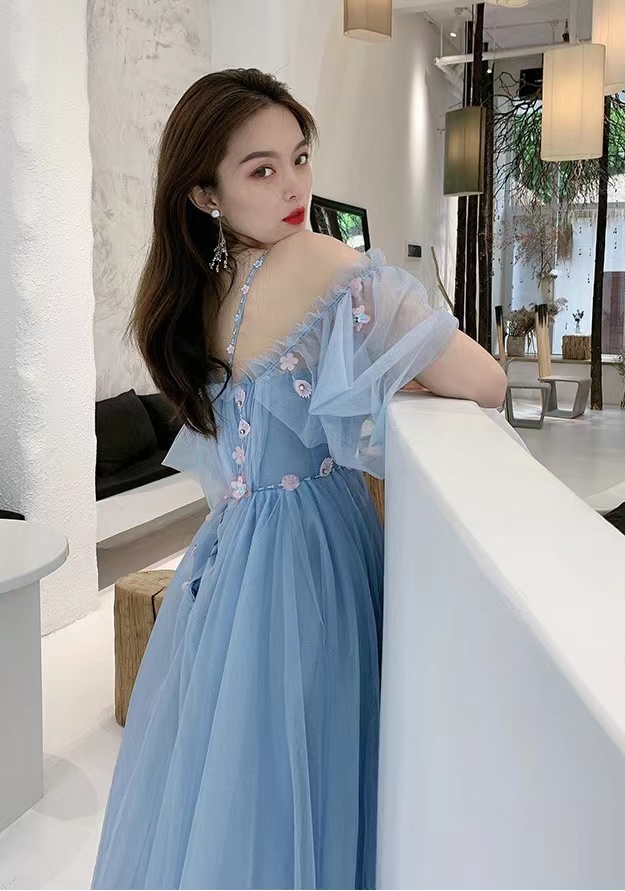 Off Shoulder Prom Dress,fairy Party Dress,blue Applique Evening Dress,handmade