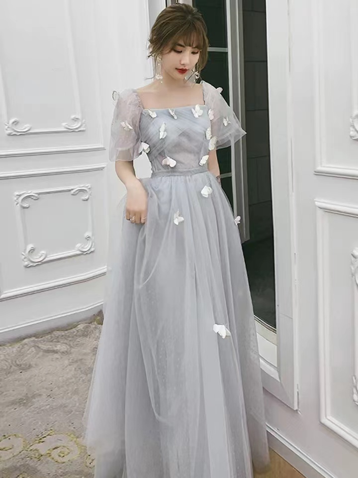 Butterfly Applique Evening Dress, Grey Prom Dress,fairy Long Party Dress,handmade