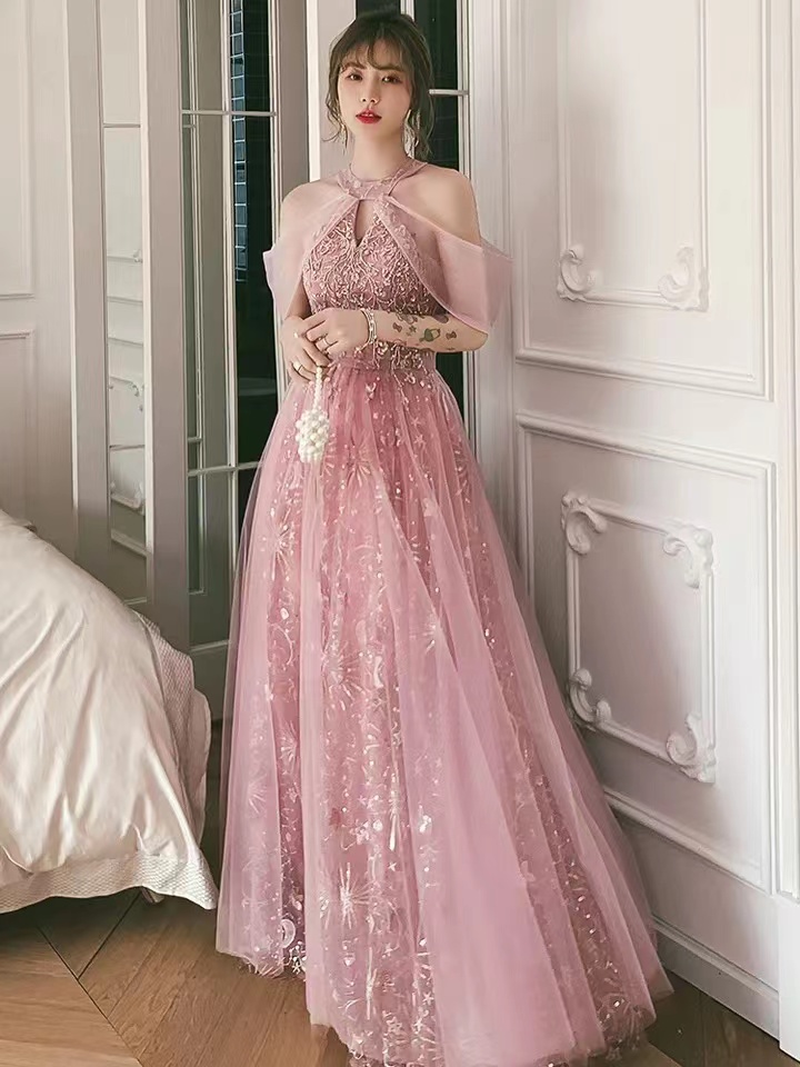Pink Party Dress, Halter Neck Prom Dress, Sweet Fairy Evening Dress,handmade