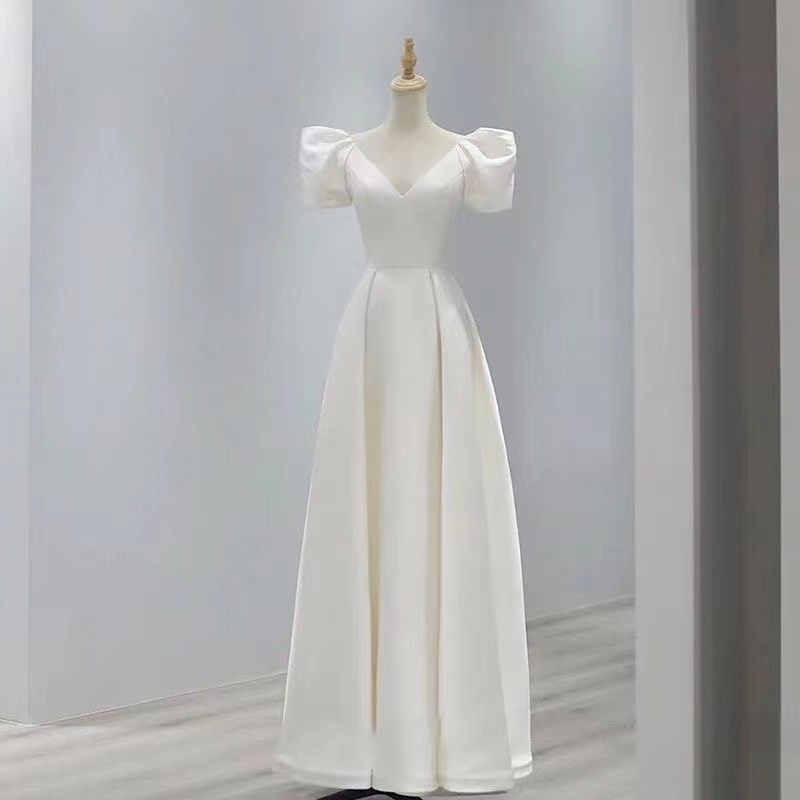White Wedding Dress, V-neck Prom Dress,, Simple Satin Evening Dress,handmade
