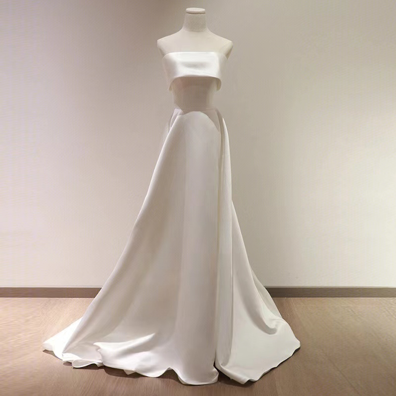 Satin Light Wedding Dress,white Bridal Dress, Simple Stapless Wedding Dress,handmade
