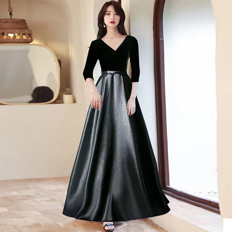 V-neck Party Dress,long Sleeve Prom Dress,black Formal Dress,handmade