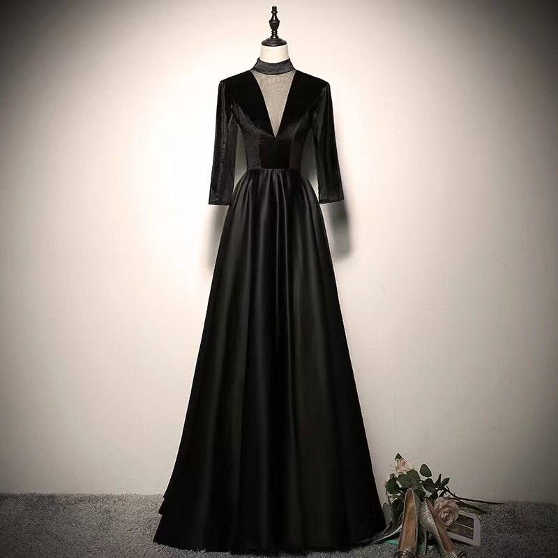 High Neck Party Dress,long Sleeve Prom Dress,black Formal Dress,handmade