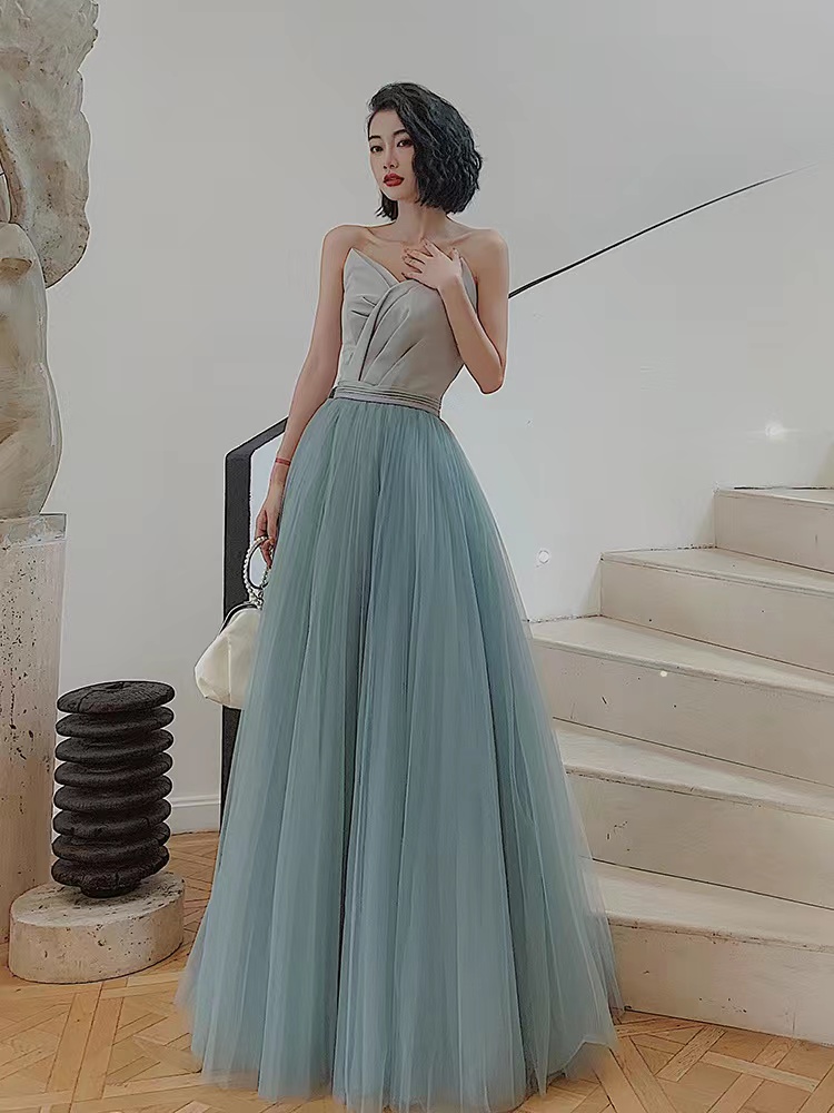 Satin Light Wedding Dress, , Blue Bridal Dress, Simple Stapless Prom Dress,handmade  on Luulla