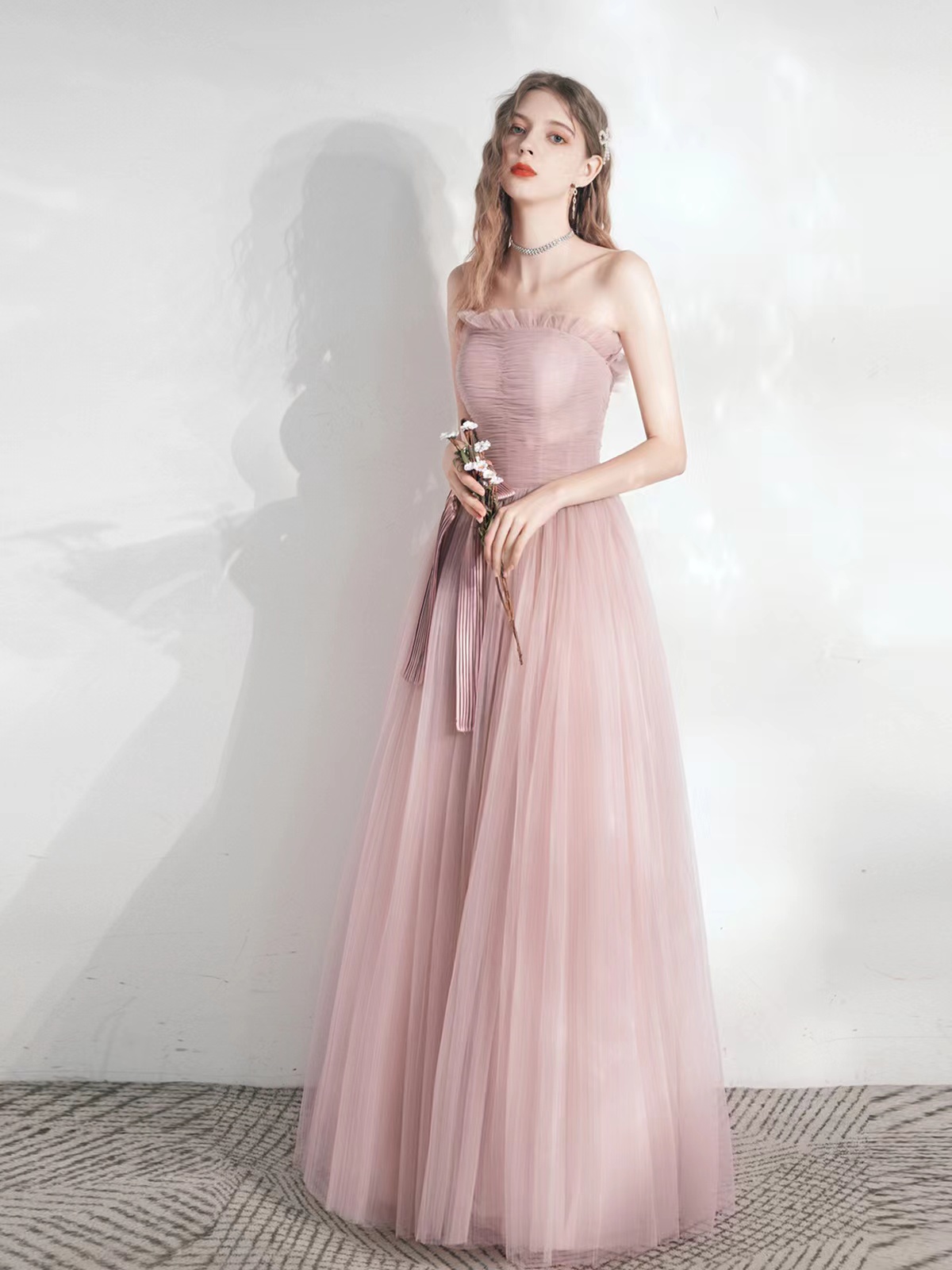 Tulle Light Bridesmaid Dress, , Pink Bridal Dress, Sweet Stapless Prom Dress,handmade