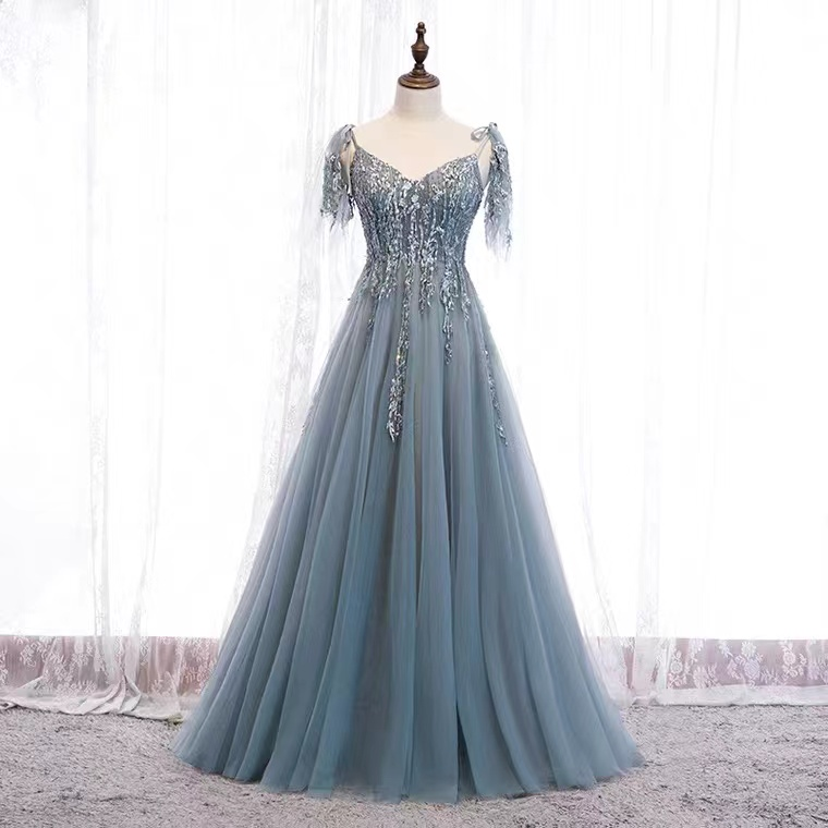 V-neck Party Dress,blue Prom Dress ,elegant Evening Dress With Applique,handmade