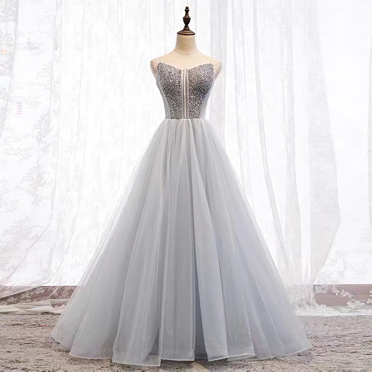 Strapless Prom Dress,elegant Party Dress,stylish Evening Dress With Bead,gray Wedding Guest Dress,handmade