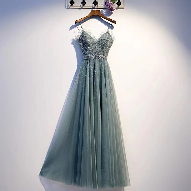 Spaghetti Strap Party Dress,light Green Prom Dress ,sexy Evening Dress,beaded Bridesmaid Dress,handmade