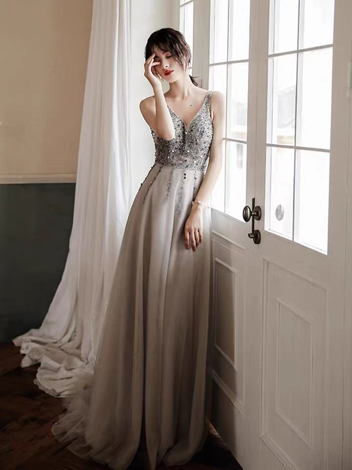 V-neck Prom Dress,gray Party Dress,sexy Evening Dress,handmade