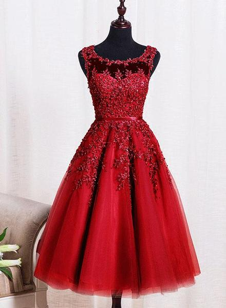 Red Tulle Tea Length Party Dresses, Prom Dresses , Red Homecoming Dressess,handmade