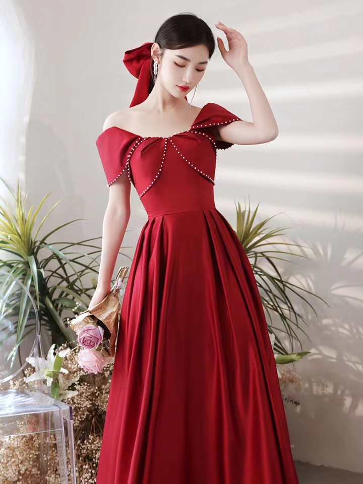 Off Shoulder Prom Dress, Luxury Satin Prom Dress, Sexy Red Evening ...