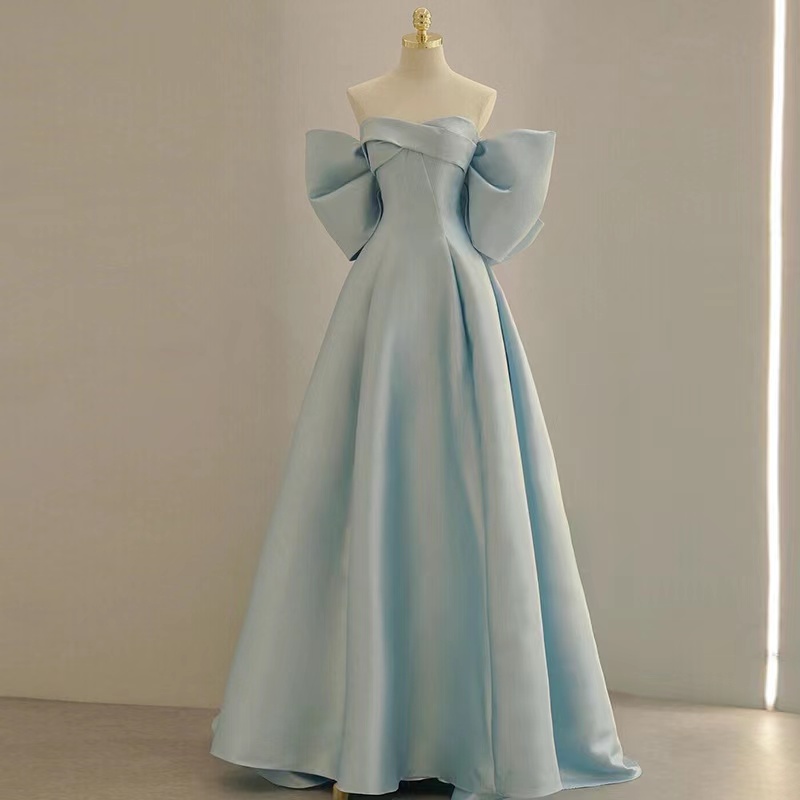 Off Shoulder Satin Dress, Blue Prom Dress, Cute Evening Dress, Sweet Party Dress,handmade