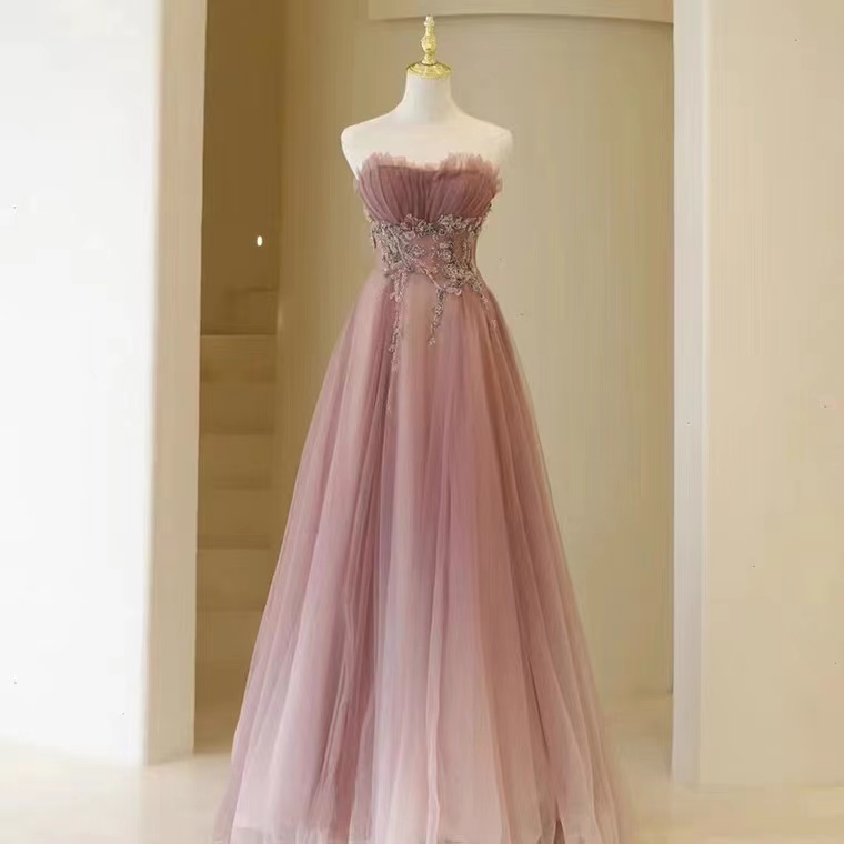 Strapless Prom Dress, Pink Evening Dress, Sweet Party Dress,fairy Bridal Dress,handmade