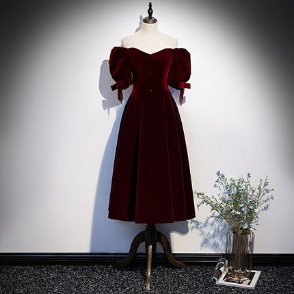 Off Shoulder Evening Dress , Elegant Party Dress,burgundy Midi Dress,handmade