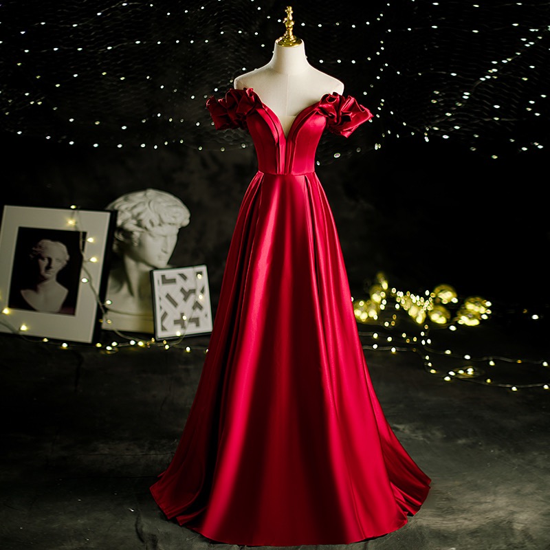 Off Shoulder Prom Dress,red Prom Dress, Satin Party Dress ,handmade