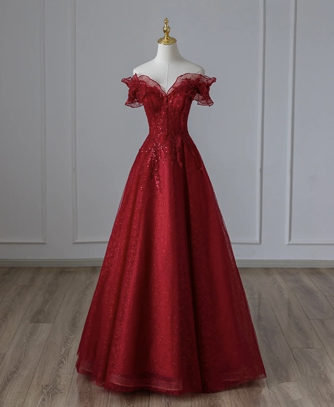 Burgundy Prom Dress, Off Shoulder Evening Dress, Glamorous Party Dress,handmade